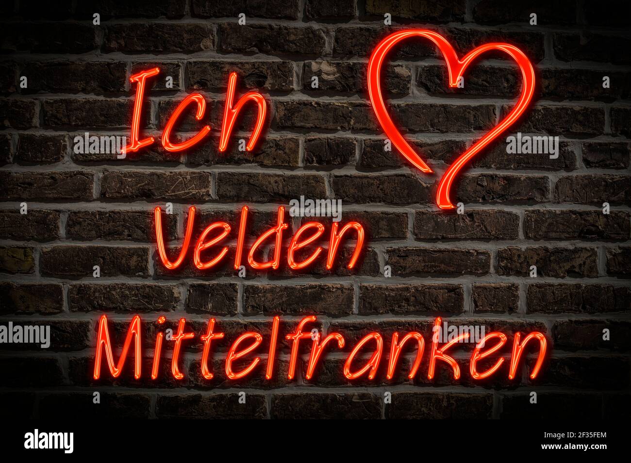 Leuchtreklame, Ich liebe Velden (Mittelfranken), Bayern, Deutschland, Europa | Illuminated advertising, I love Velden (Mittelfranken), Bavaria, German Stock Photo