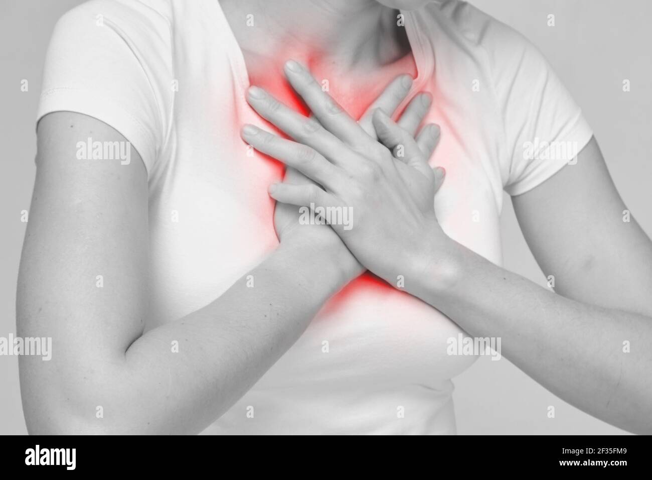 Concept of a person having difficulty breathing chest pressure Stock