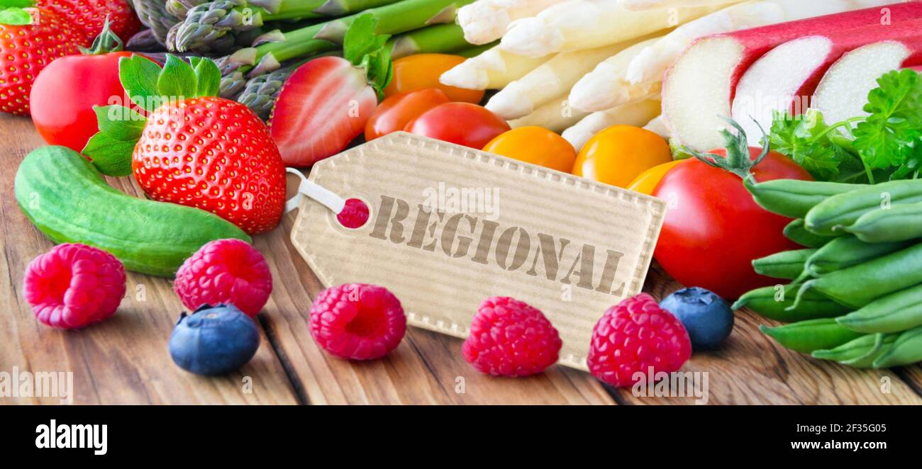 Regional fruits and vegetables with label Stock Photo