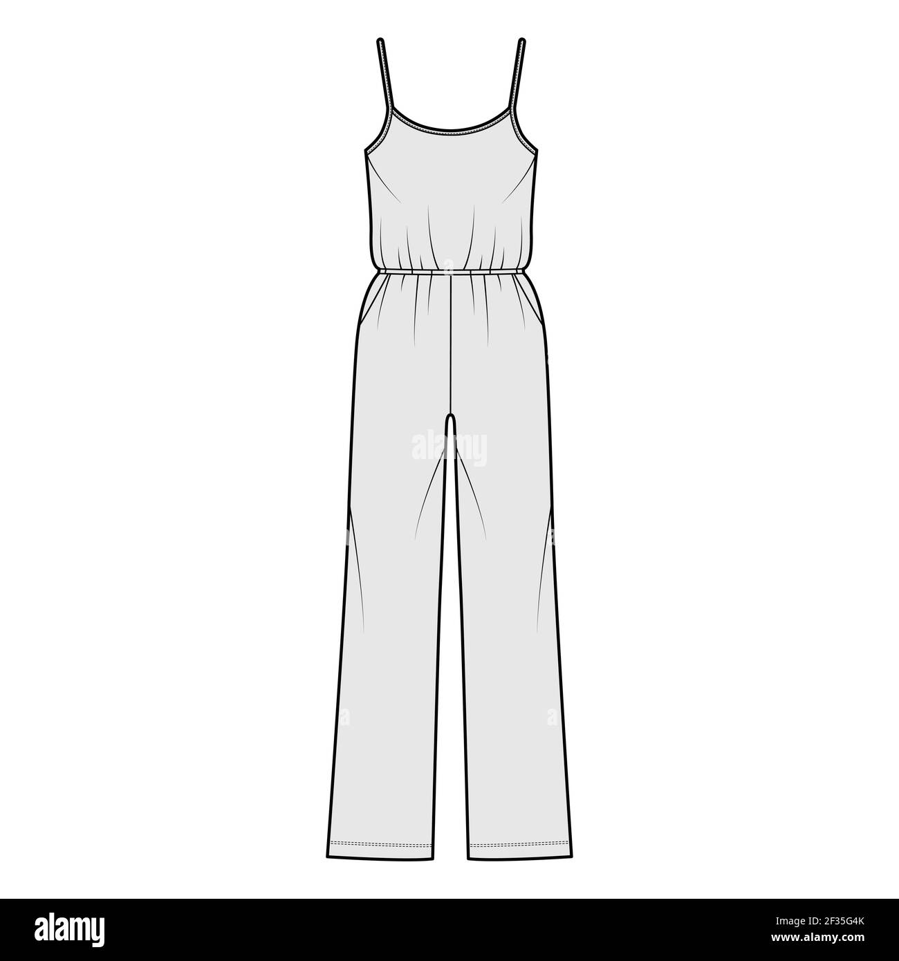 Camisole jumpsuit Dungaree overall technical fashion illustration with full length, normal elastic waist, oversized, pockets. Flat front, grey color style. Women, men unisex CAD mockup Stock Vector