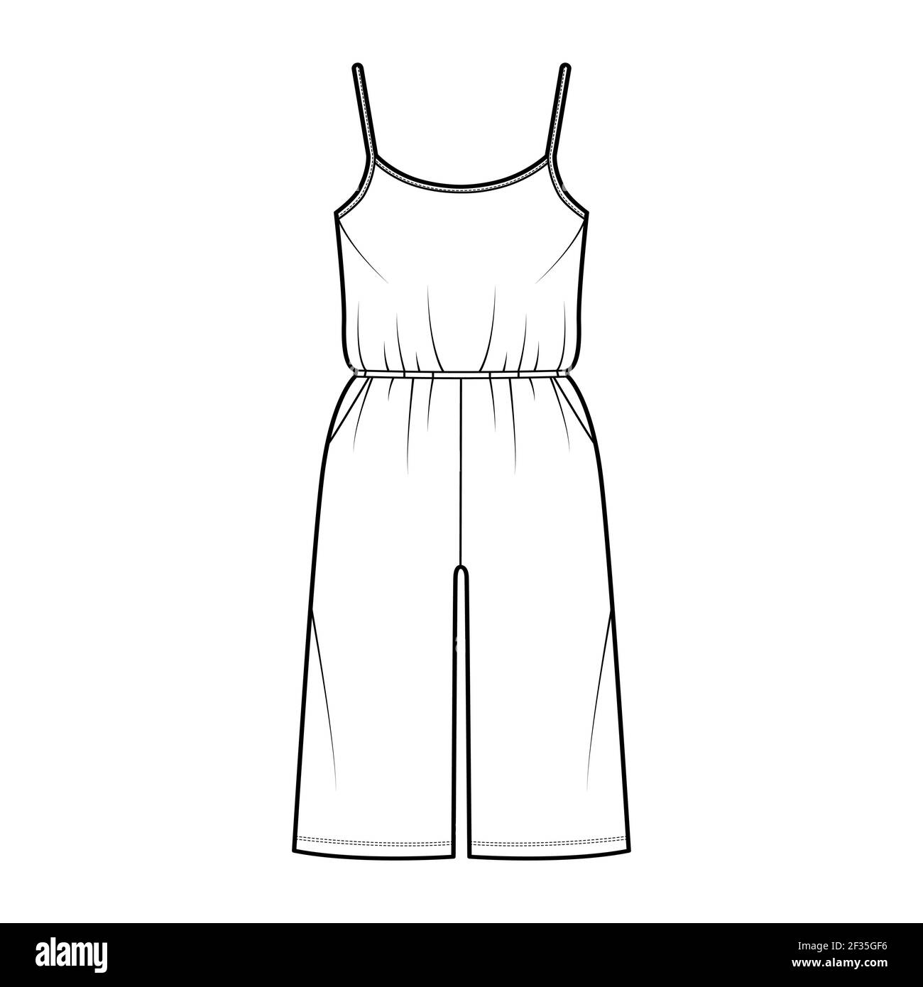 Camisole jumpsuit Dungaree overall technical fashion illustration with knee length, normal elastic waist, oversized, pockets. Flat front, white color style. Women, men unisex CAD mockup Stock Vector