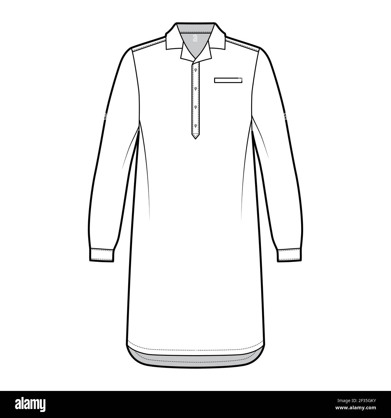 Nightshirt dress Sleepwear Pajama technical fashion illustration with knee length classic henley collar cuff long sleeves. Flat apparel front white color style. Women men unisex CAD mockup Stock Vecto...
