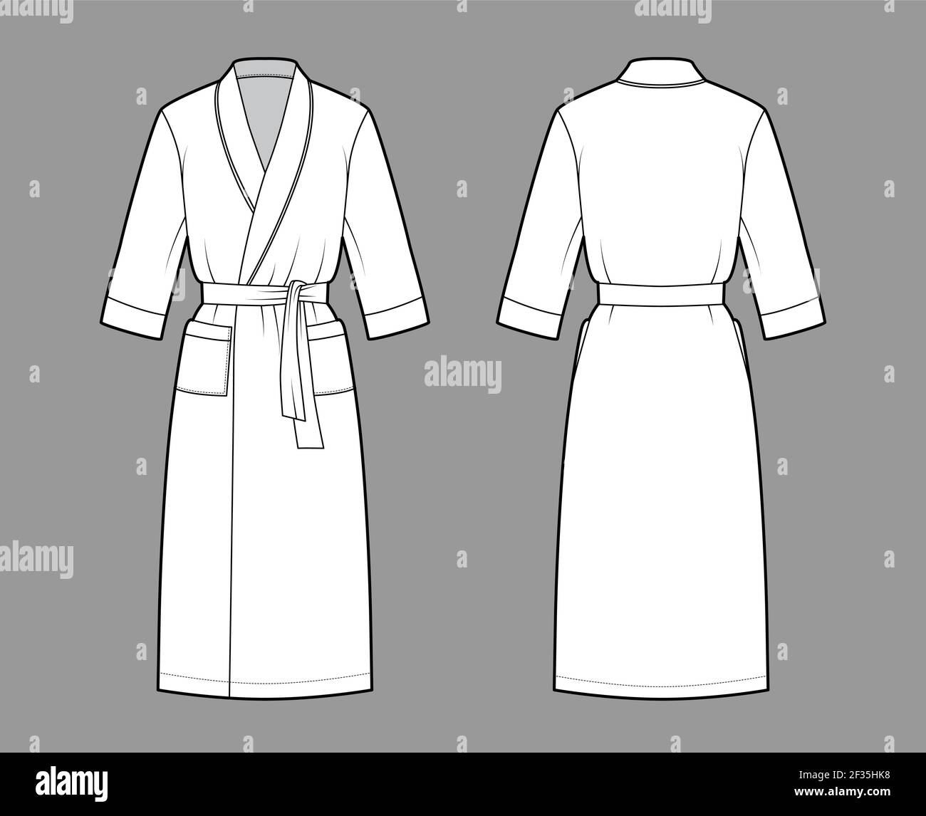 Download Bathrobe Dressing Gown Technical Fashion Illustration With Wrap Opening Knee Length Oversized Tie Pocket Elbow Sleeves Flat Apparel Front Back White Color Style Women Men Unisex Cad Mockup Stock Vector Image