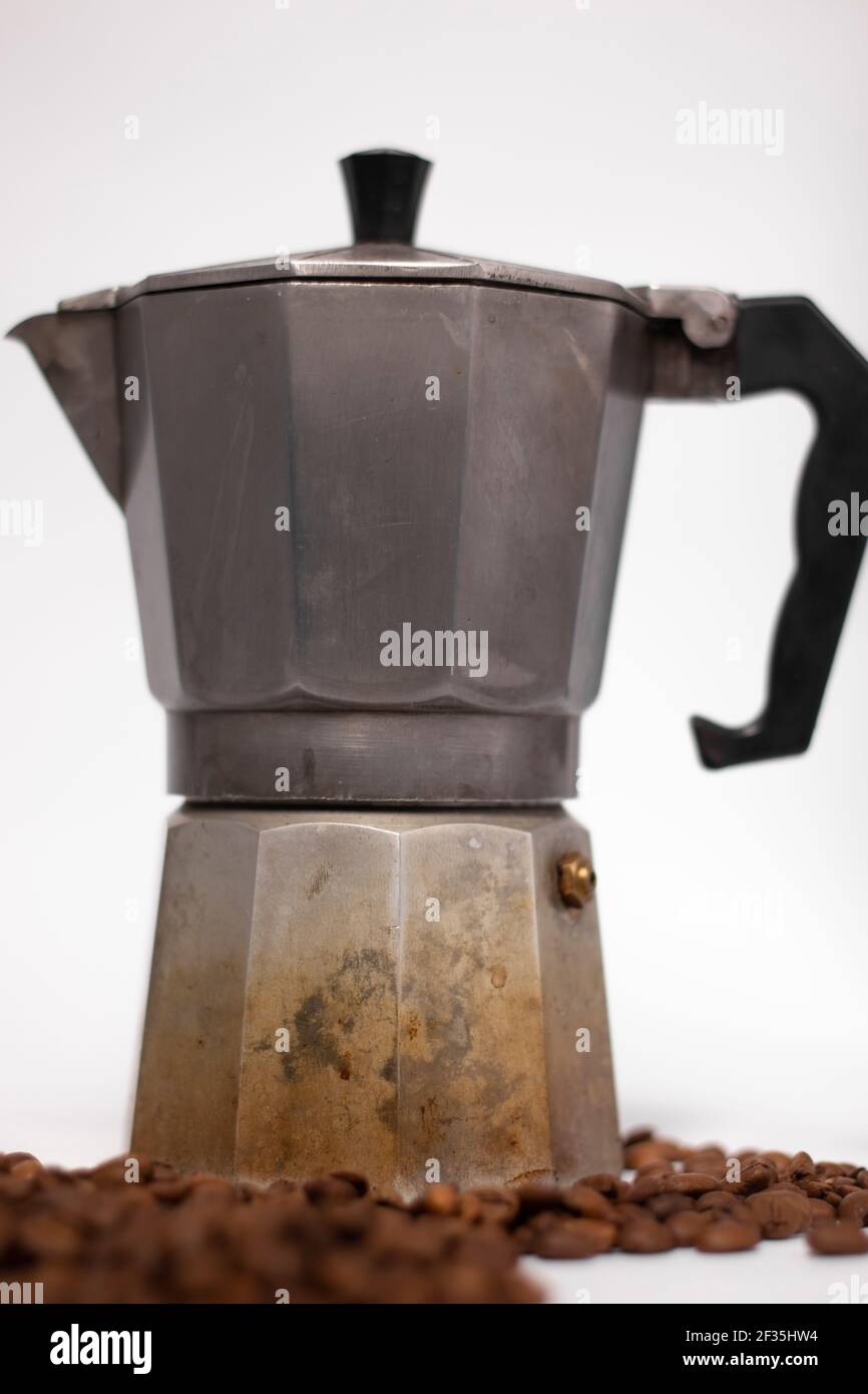 geyser coffee maker or moka pot isolated on white background with