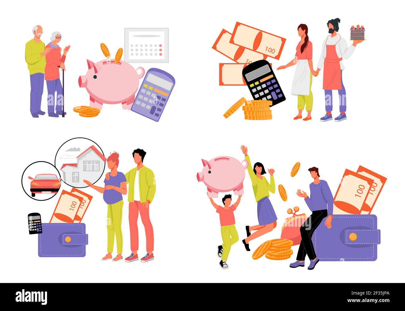 Set of scenes on topic of family expenses and savings for starting ...