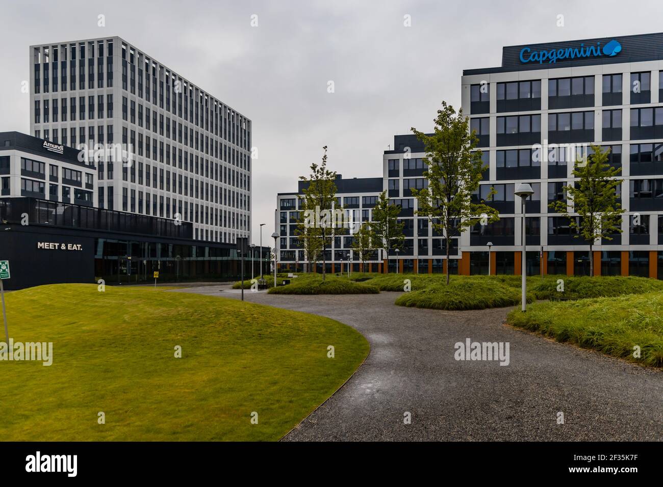 Wroclaw, Poland - May 23 2020: Business garden square of black and white corporate buildings Stock Photo