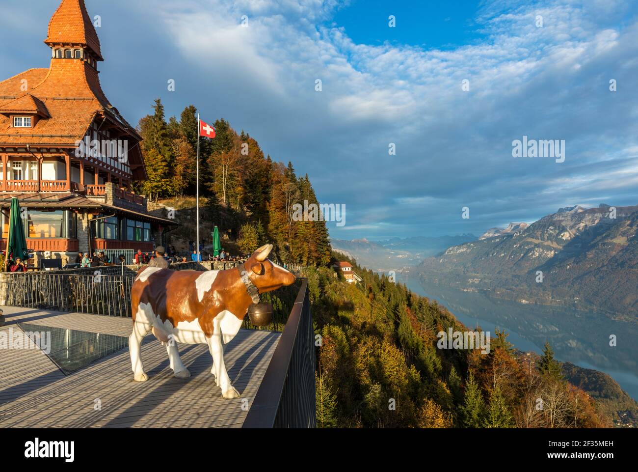 Switzerland, Interlaken, Harder Kulm, the view of Lake Thun from the terrace of the restaurant Stock Photo