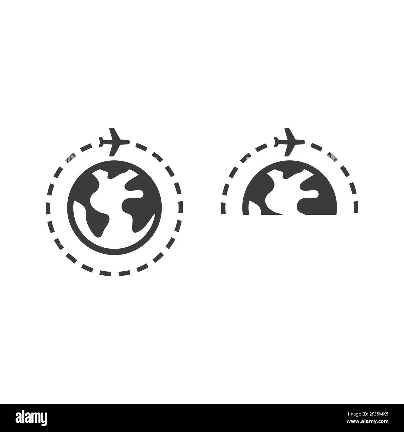 Airplane with planet or globe black vector icon. Around the world trip, earth with plane, travel symbol. Stock Vector