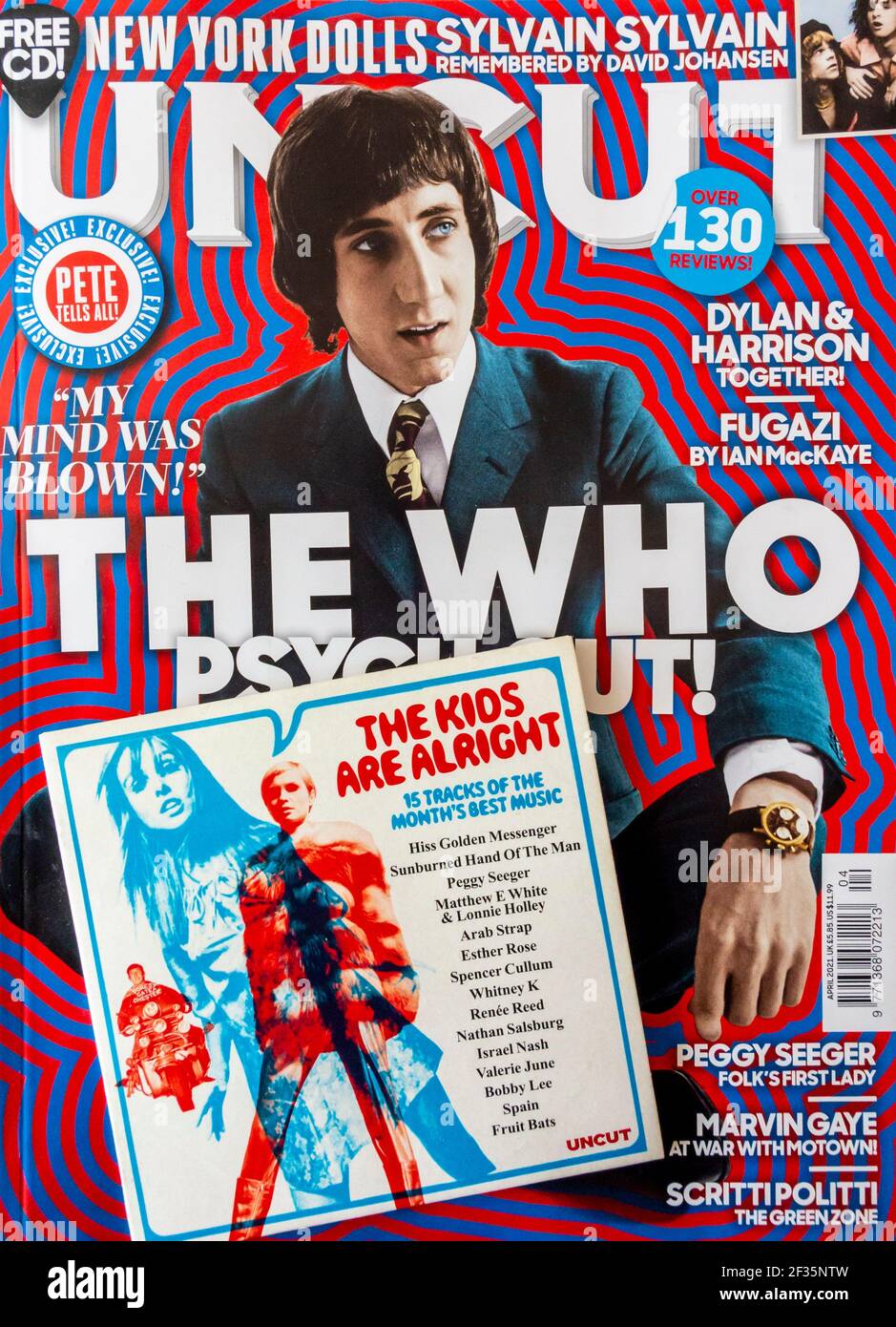 Issue of Uncut a British music magazine that covers heritage rock and new music with a free cover mounted CD that is given away with each copy. Stock Photo
