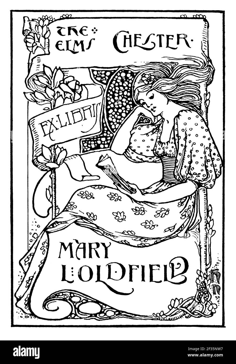 art nouveau bookplate design of woman sat reading book for Mary Oldfield of The Elms, Chester by Harold Nelson Stock Photo