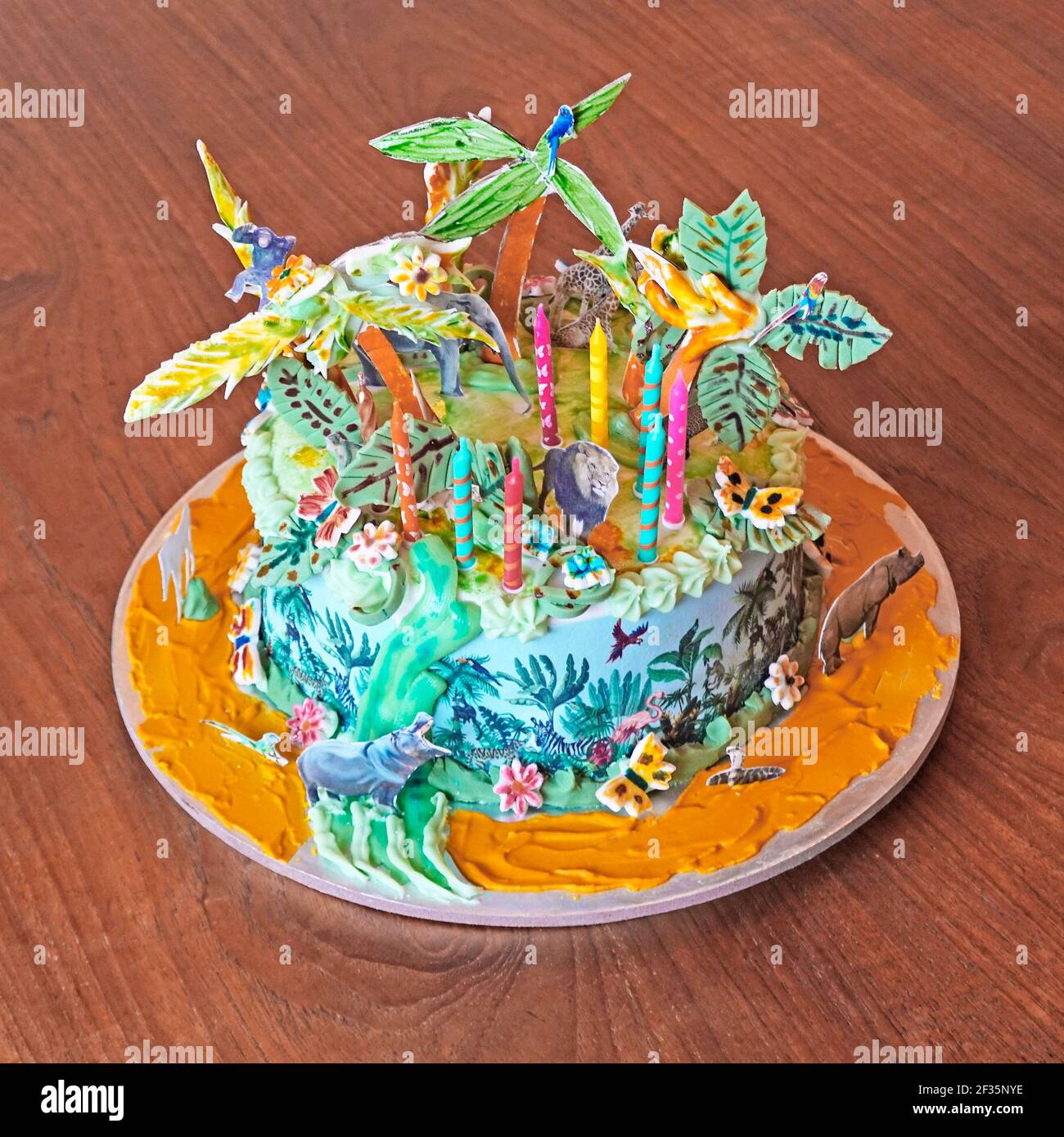 Nine year old granddaughter challenge creative grandmother to bake homemade special birthday cake with wild animals jungle theme & candles English UK Stock Photo