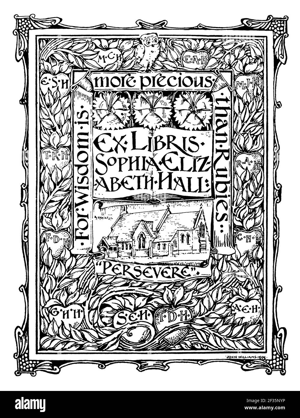 1894 ‘for wisdom more precious than rubies, persevere’ church bookplate design for Sophia Elizabeth Hall by John Williams Stock Photo