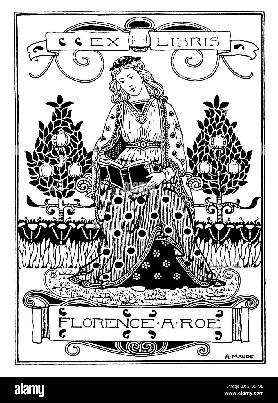 woman reading in medieval dress bookplate design by Arthur Maude Stock Photo