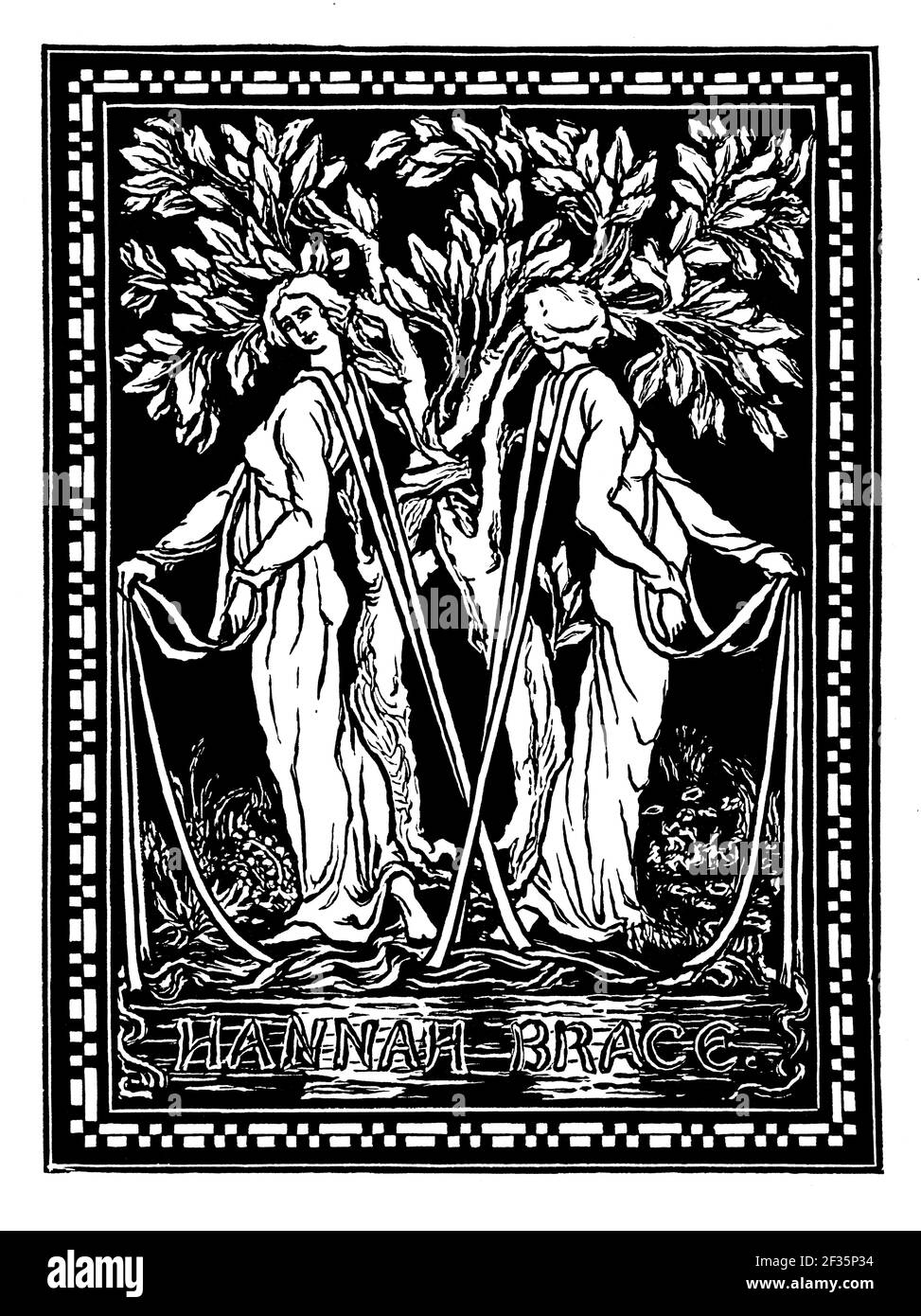 two female figures reflected in water woodcut bookplate, designed for Hannah Brace by writer and illustrator Laurence Houseman Stock Photo