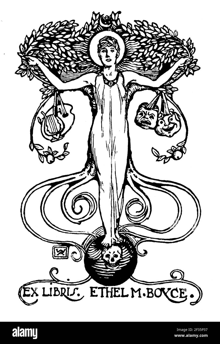 Arts and Drama figure above skull bookplate designed for religious author Ethel M Boyce by British animal Artist Alan Wright Stock Photo