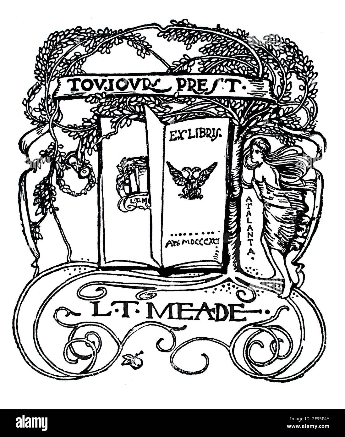 1891 Toujours Prest ‘always ready’ motto bookplate designed for Irish author L T Meade by British animal Artist Alan Wright Stock Photo