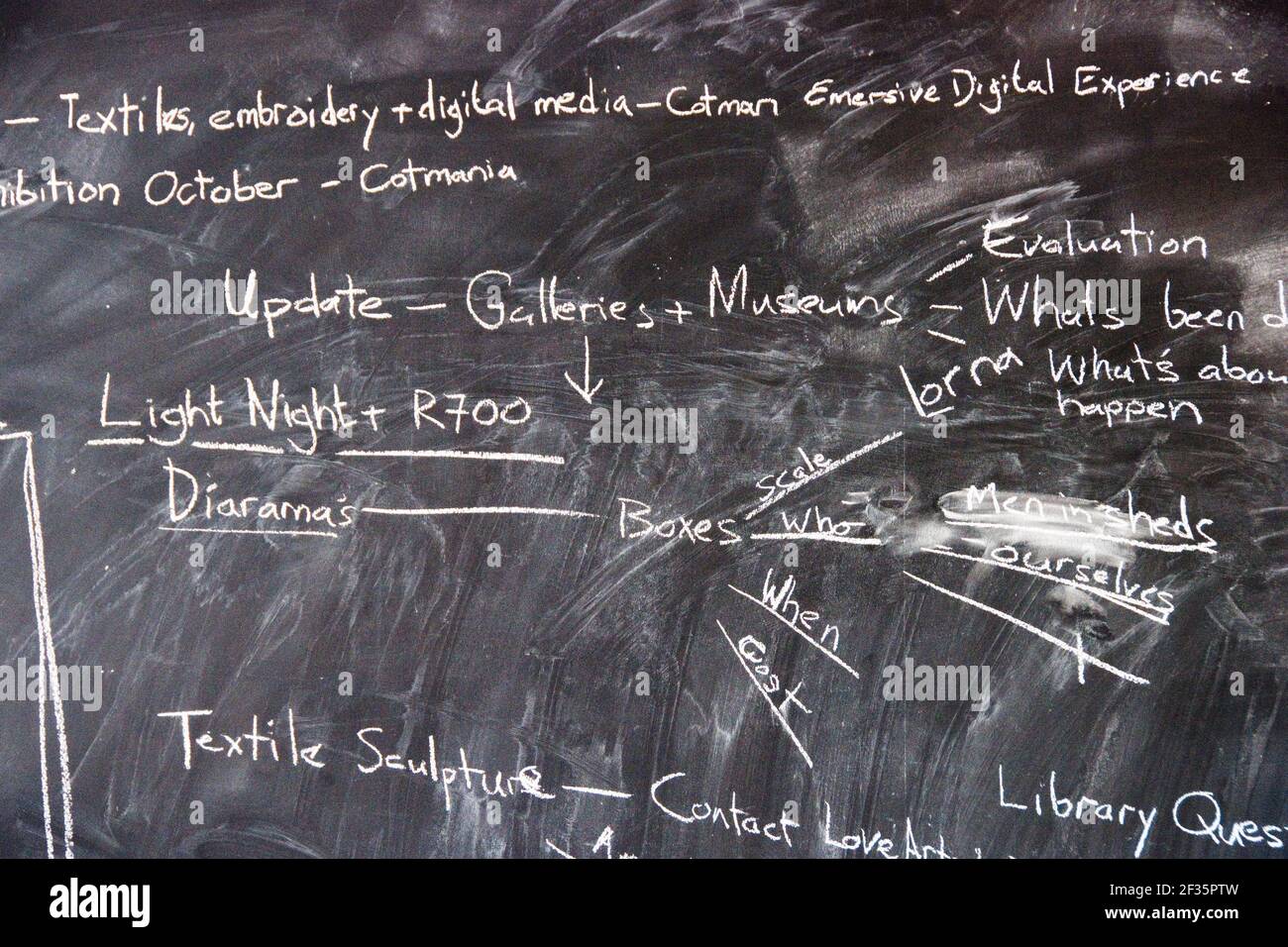 Leeds, UK- 26 July 2017 : Blackboard notes planning a creative embroidery & digital media immersive art exhibition at Inkwell Arts, a Leeds Mind drop Stock Photo