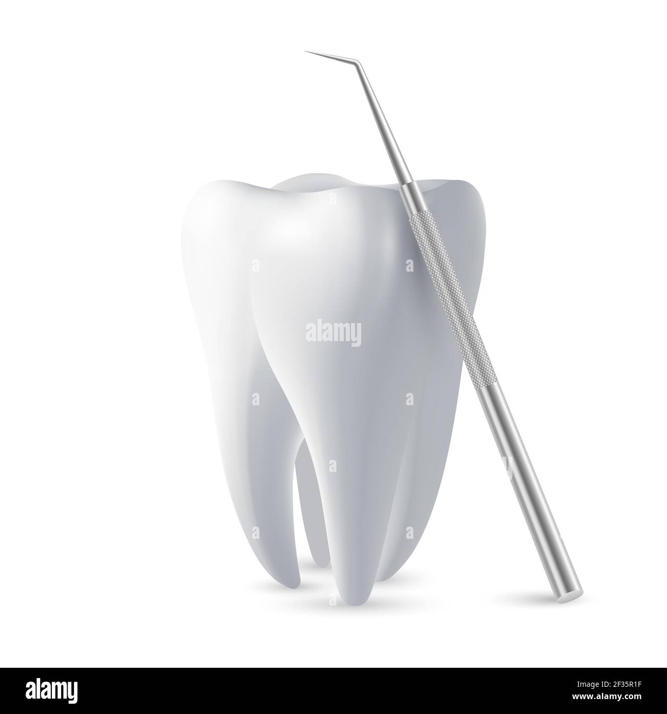 Vector 3d Realistic Tooth and Dental Probe for Teeth Closeup Isolated on White Background. Medical Dentist Tool. Design Template, Clipart, Mockup Stock Vector