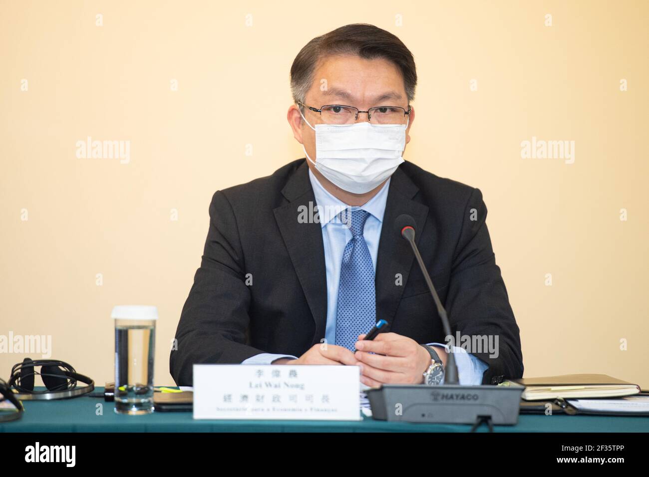 Macao, China. 15th Mar, 2021. Lei Wai Nong, secretary for economy and finance of the Macao Special Administrative Region (SAR) government, attends a press conference in Macao, south China, on March 15, 2021. TO GO WITH 'Macao to roll out new stimulus package to boost economy' Credit: Cheong Kam Ka/Xinhua/Alamy Live News Stock Photo