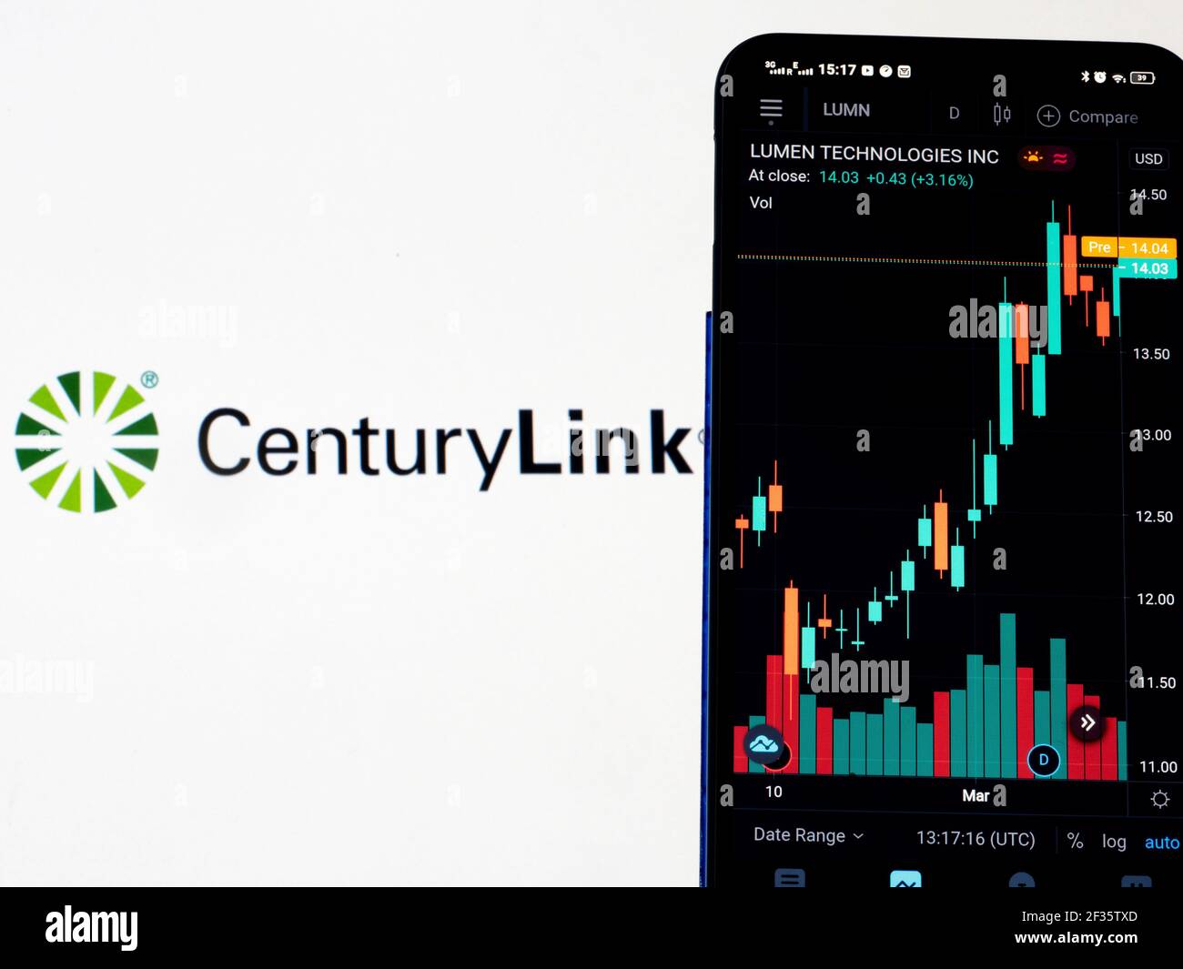 In this photo illustration, the stock market information of CenturyLink, Inc seen displayed on a smartphone with the CenturyLink logo in the background. (Photo by Igor Golovniov / SOPA Images/Sipa USA) Stock Photo