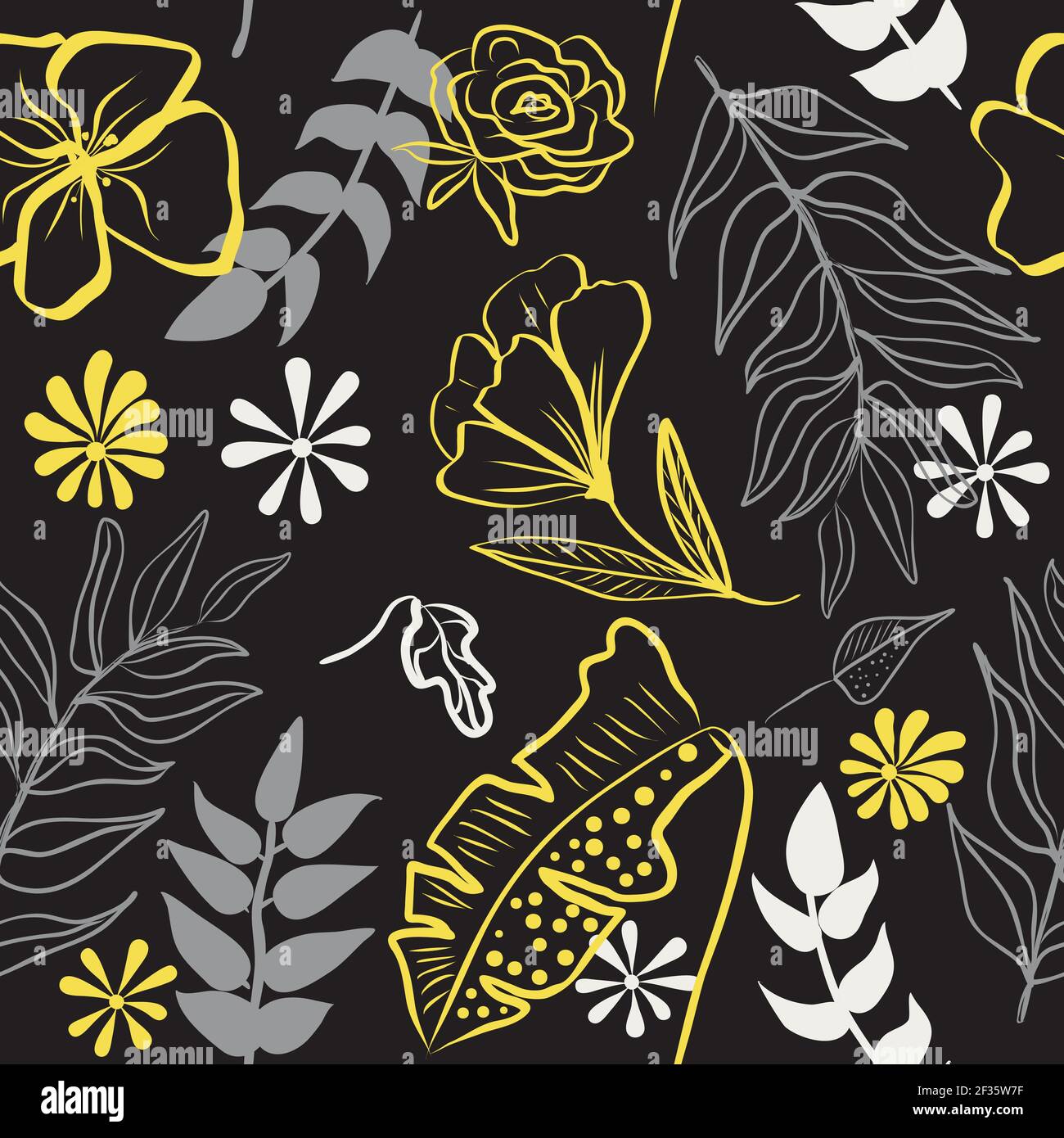 Seamless pattern of ultimate gray hand draw tropical leaves of palm tree and illuminating yellow flowers. Botany vector background, jungle  wallpaper. Stock Vector