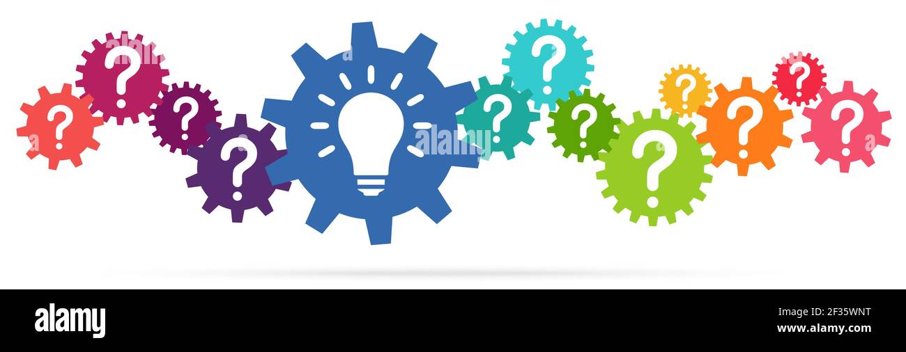 eps vector illustration of colored gears symbolizing cooperation or teamwork process with question marks and glowing light bulb for great solution ide Stock Vector