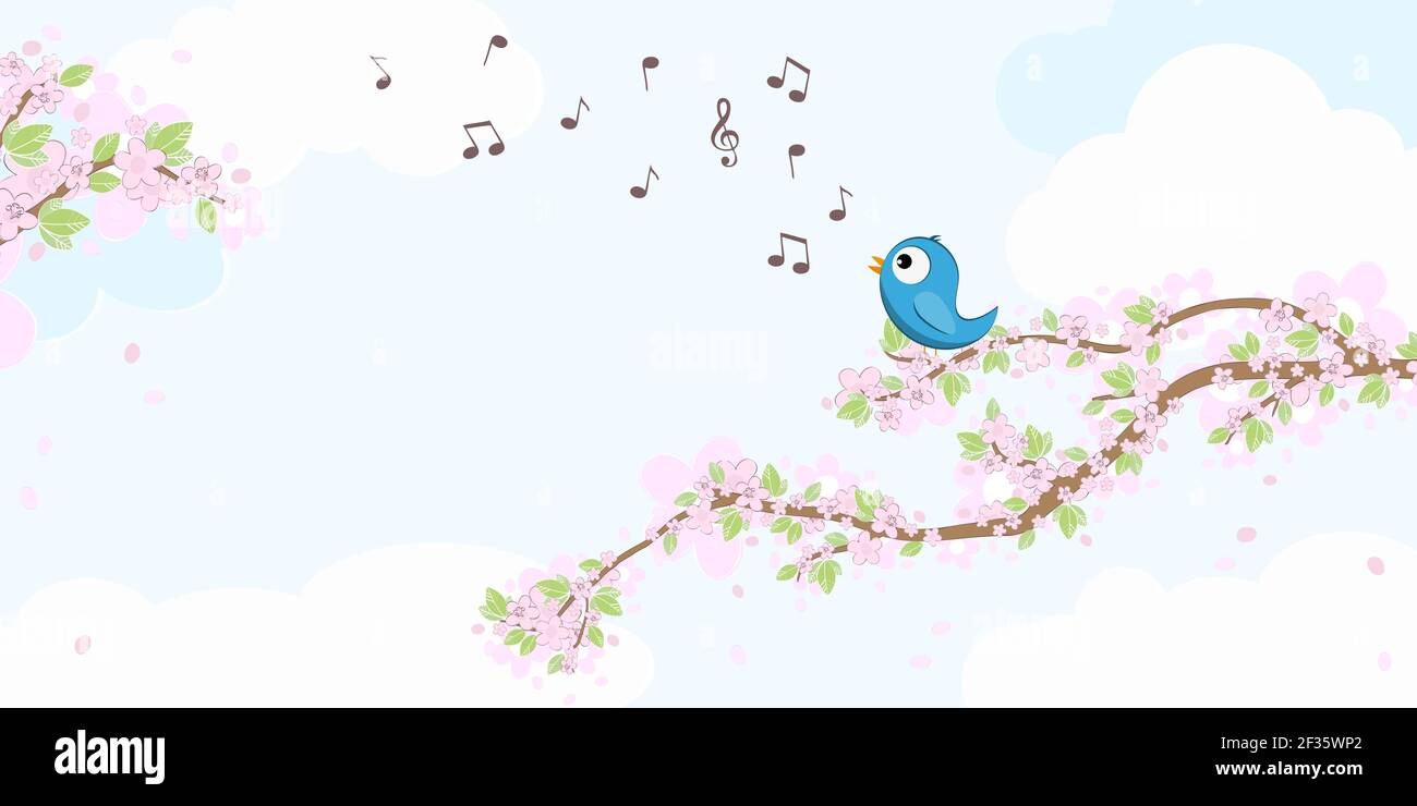 eps vector file with blue colored bird in love, sitting on branches with blossoms and green leaves in spring time, singing with musical notes, backgro Stock Vector
