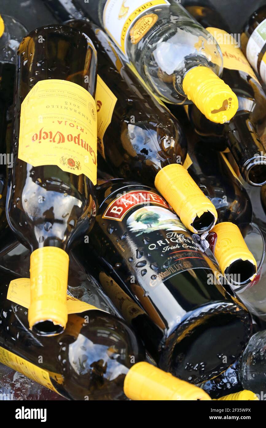 Glass bottles awaitng collection for recycling Stock Photo Alamy
