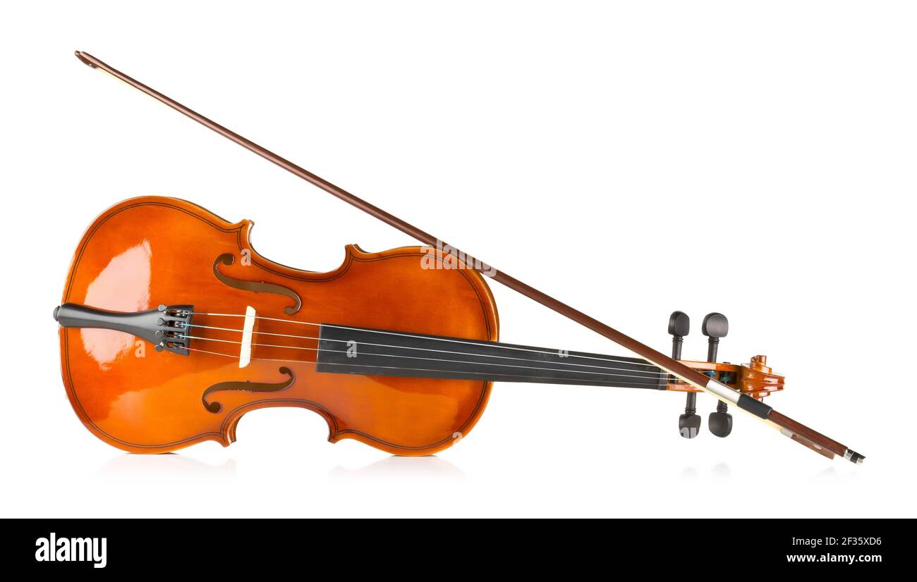 Side view of brown wooden fiddle or violin, classic musical instrument, with bow over white background Stock Photo