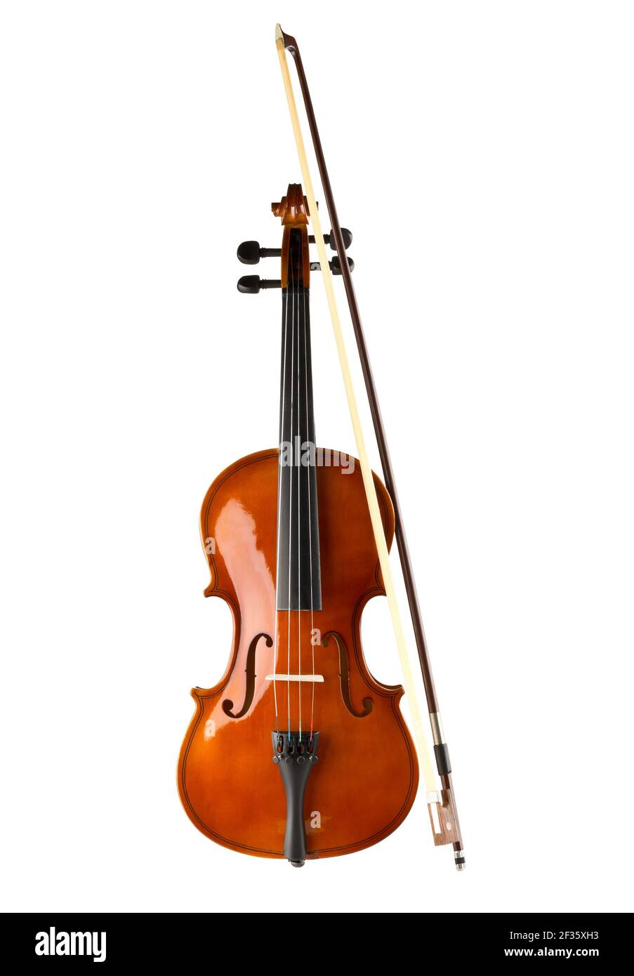 Brown wooden fiddle or violin, classic musical instrument, with bow