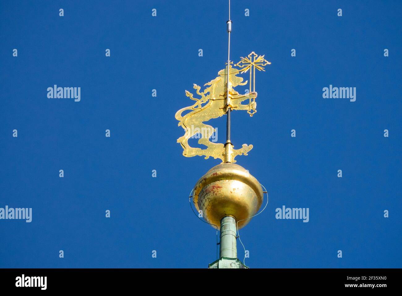 Golden Czech lion on top of the main spire of St. Vitus Cathedral Prague Czech Republic Europe Stock Photo