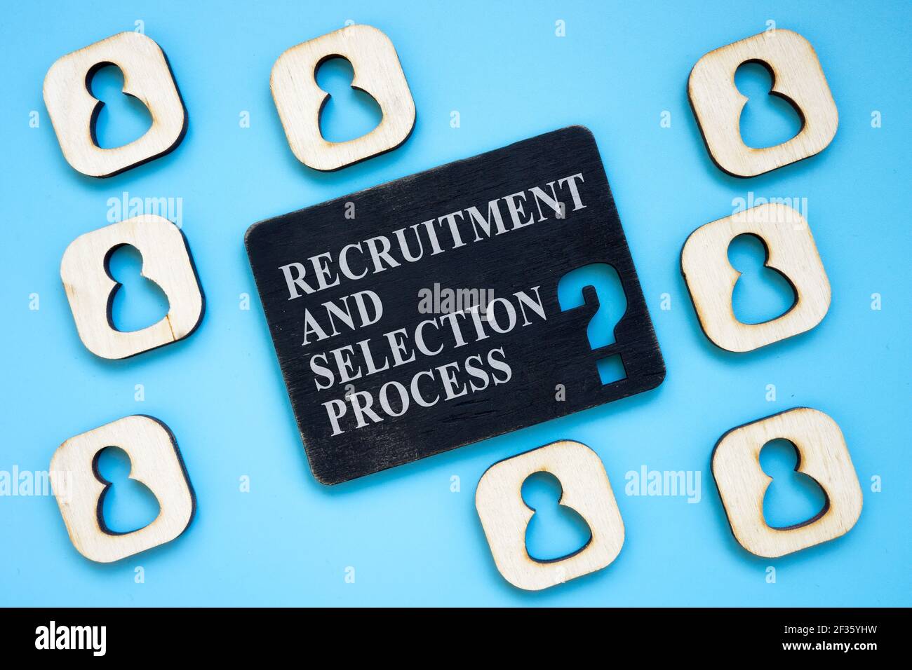 Recruitment and selection process concept. Wooden figures and plate. Stock Photo