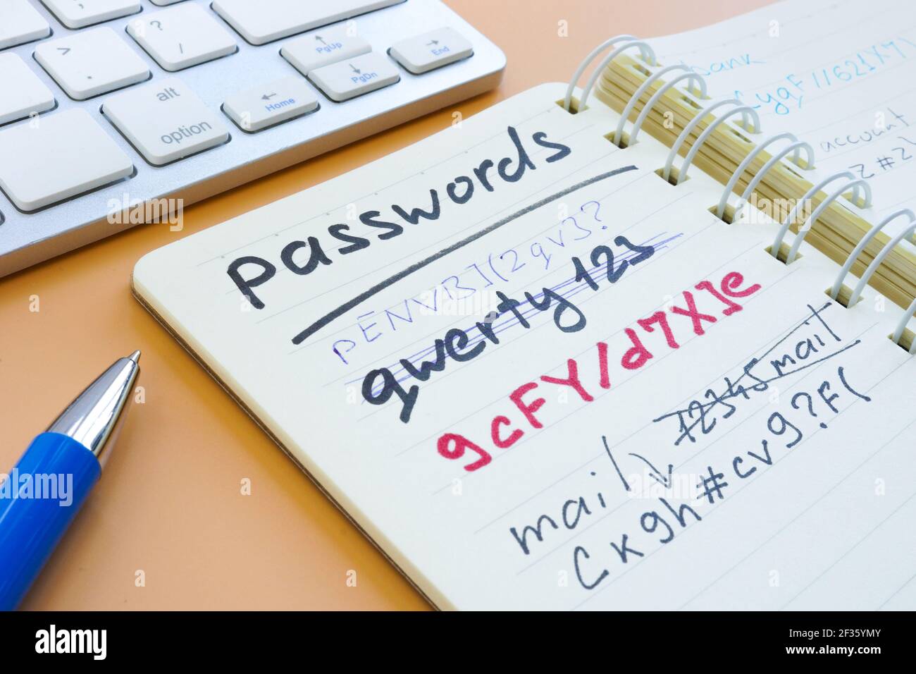 Time to change strong password from weak. Note with passwords. Stock Photo