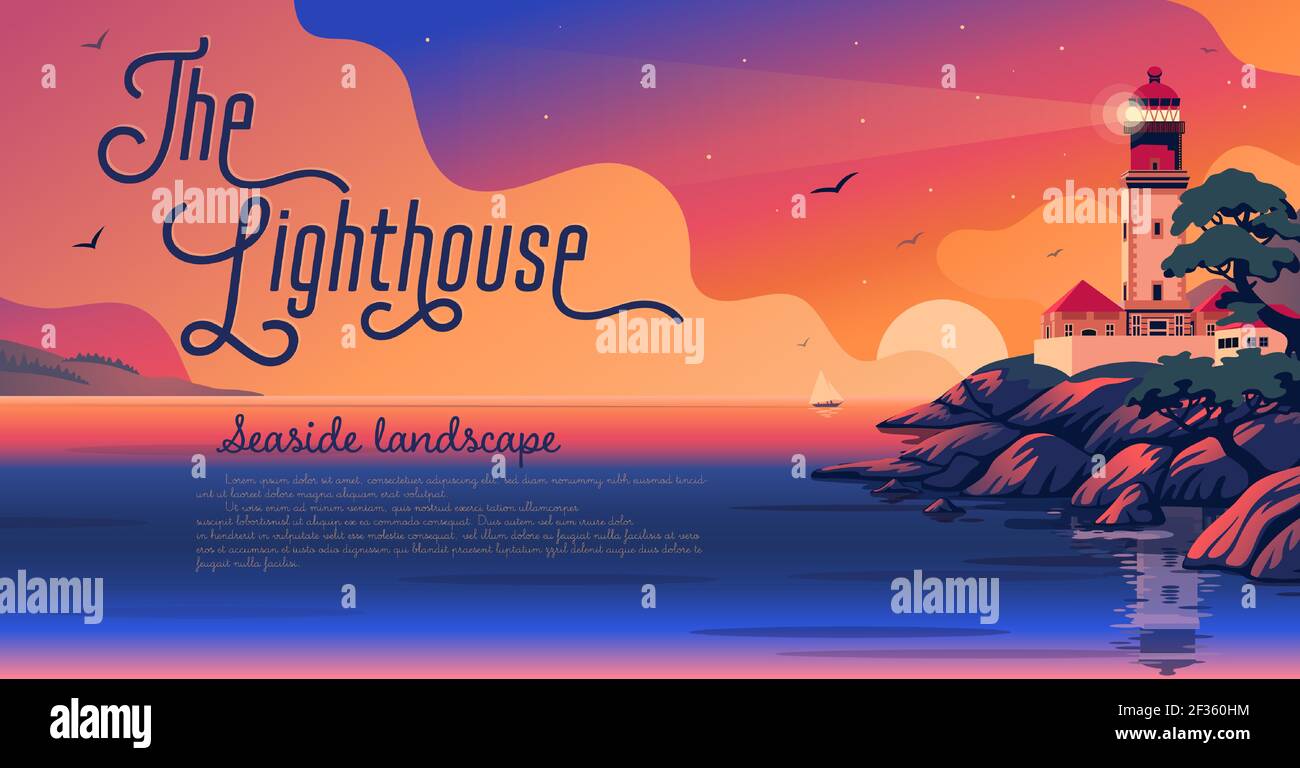 Lighthouse - vector landscape. Sea landscape with a beacon on the beach ...