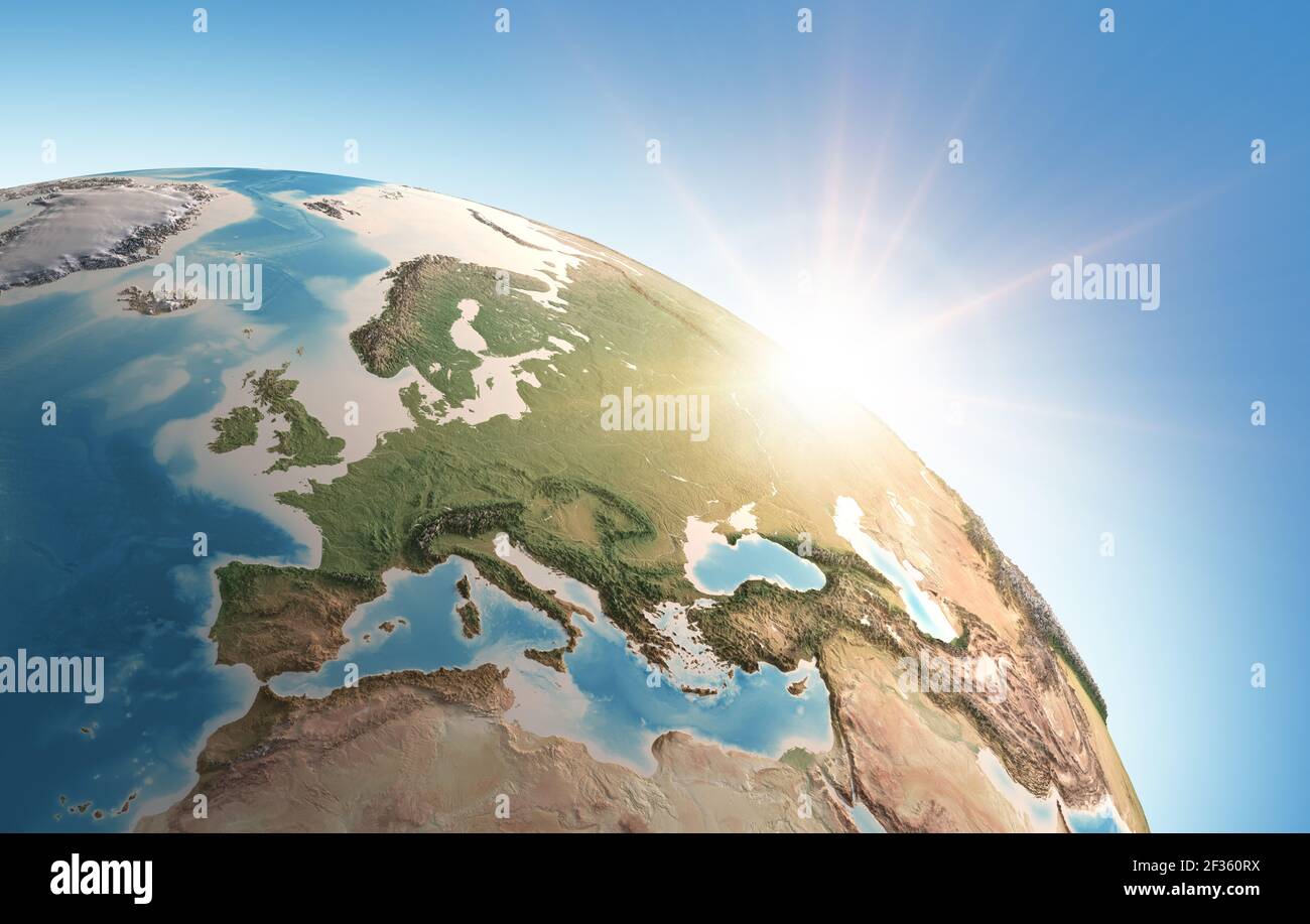 Sun shining over a high detailed view of Planet Earth, focused on Western Europe. 3D illustration - Elements of this image furnished by NASA Stock Photo