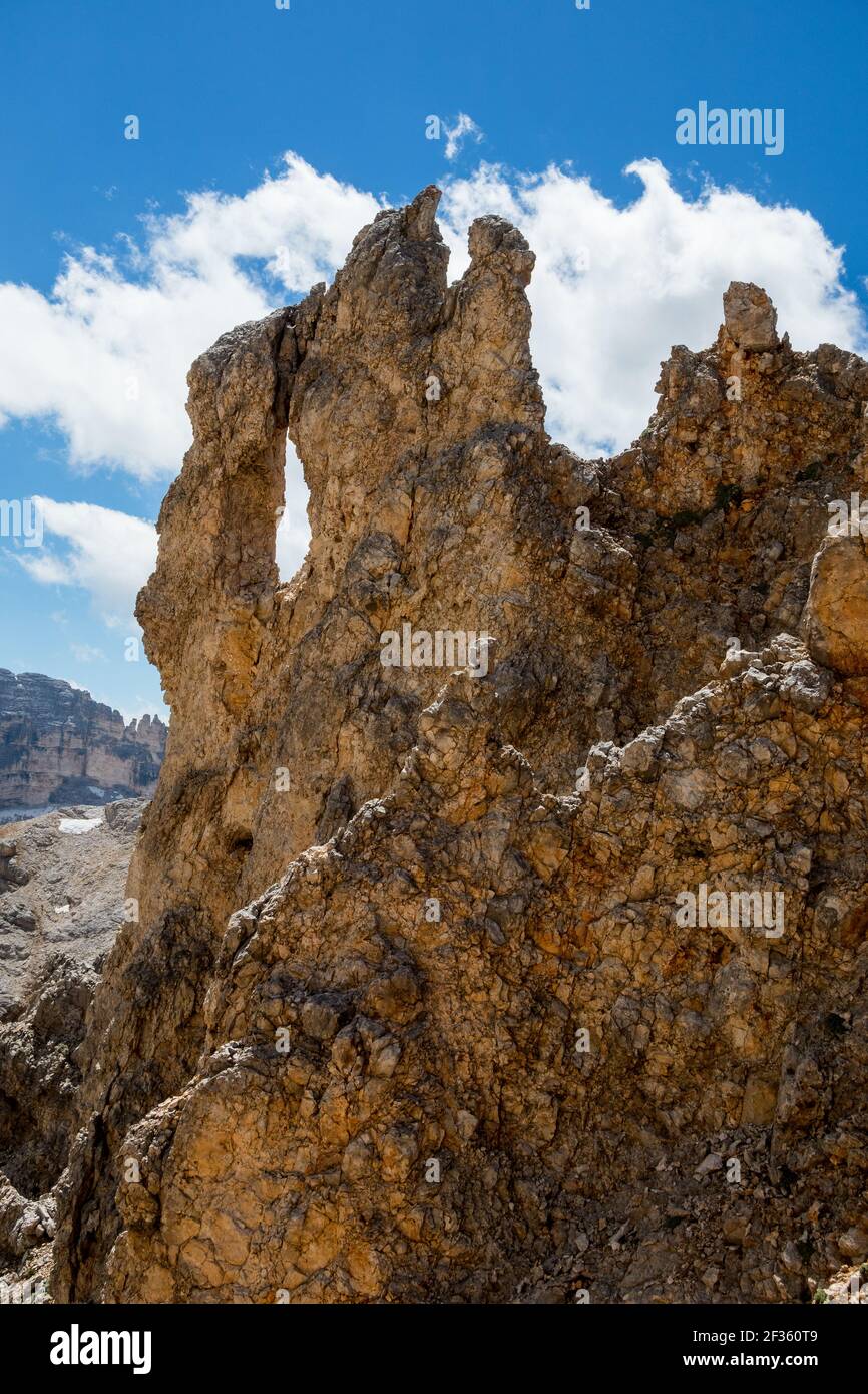 Geological forms at Ciase pass near Cavallo mountain peak. The Travenanzes valley. Veneto. Italian Alps. Europe. Stock Photo