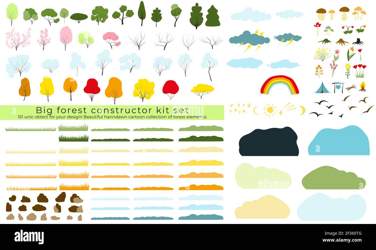 big vector set of forest, park, weather elements, various trees, shrubs grass, flowers stones mushrooms, clouds sun moon. Collection of nature icons, Stock Vector