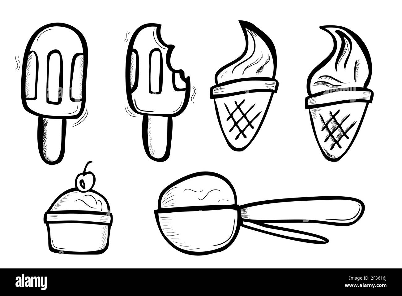 Vector Hand Draw Sketch Doodle, Ice Cream Cone, Stick, cup and spoon isolated on white Stock