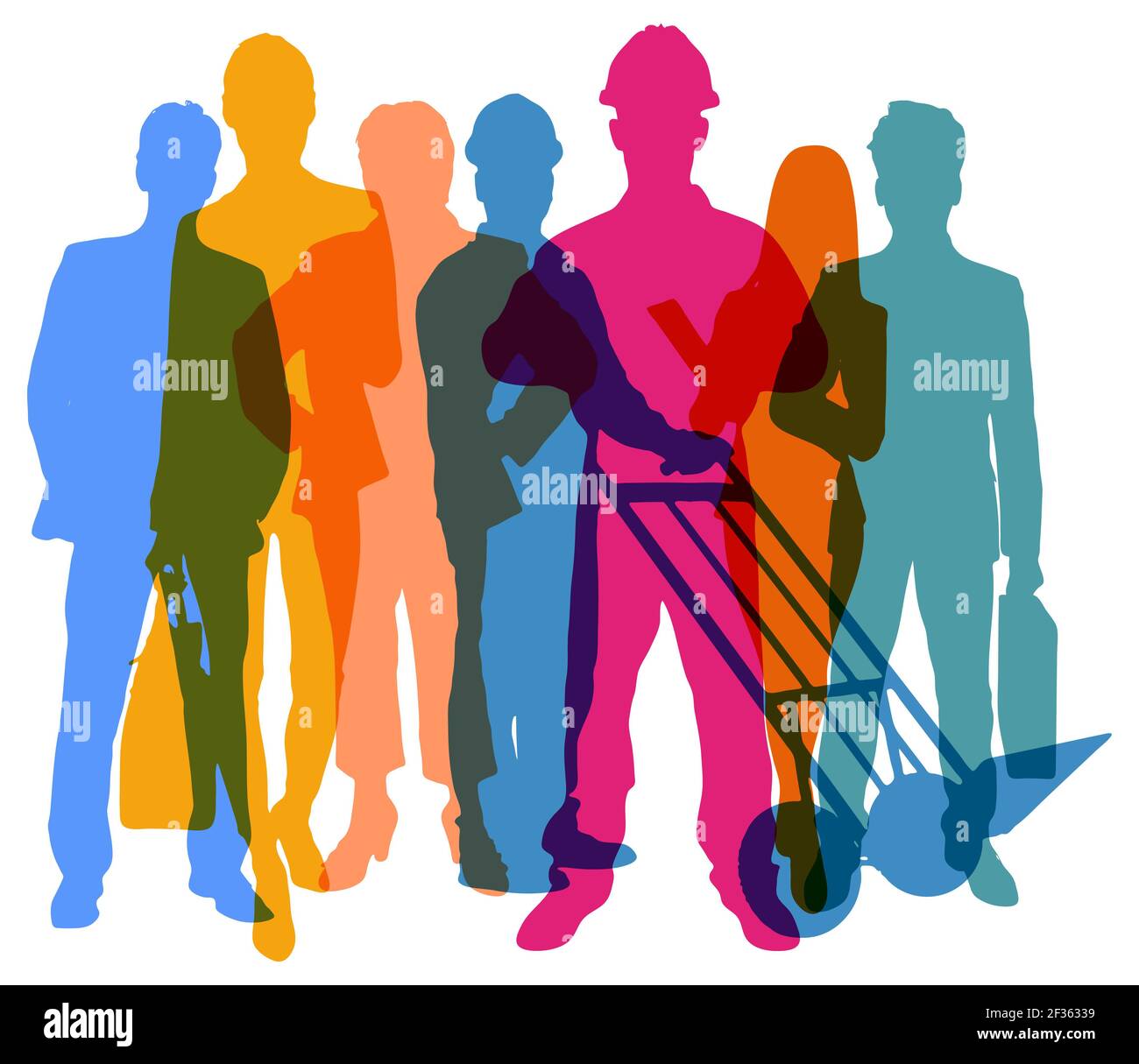 Overlaying silhouettes of people from different professions as a labor market concept Stock Photo