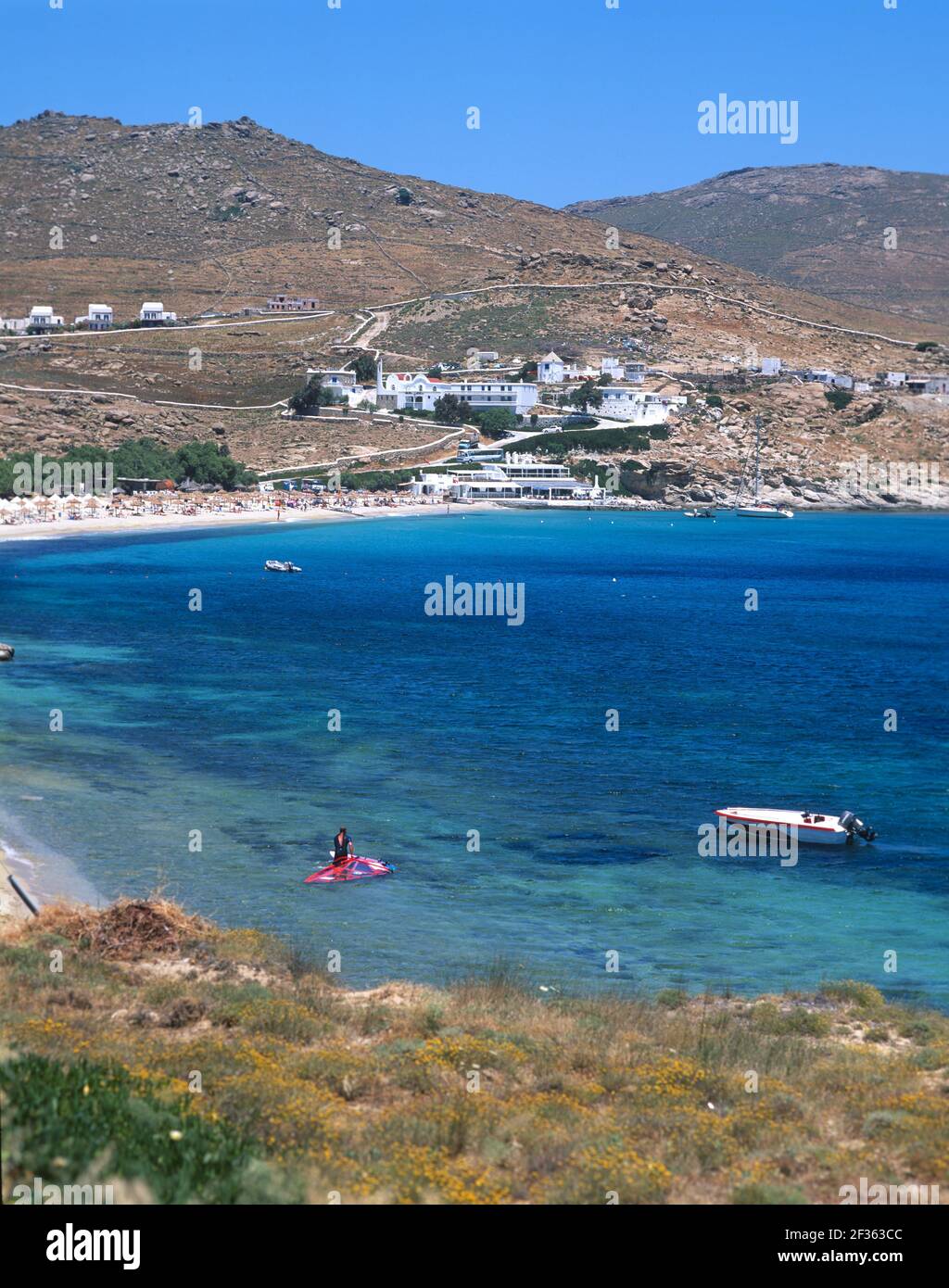 Greece, Cyclades Islands, Mykonos, Stelia Beach, popular for windsurfing. Stock Photo