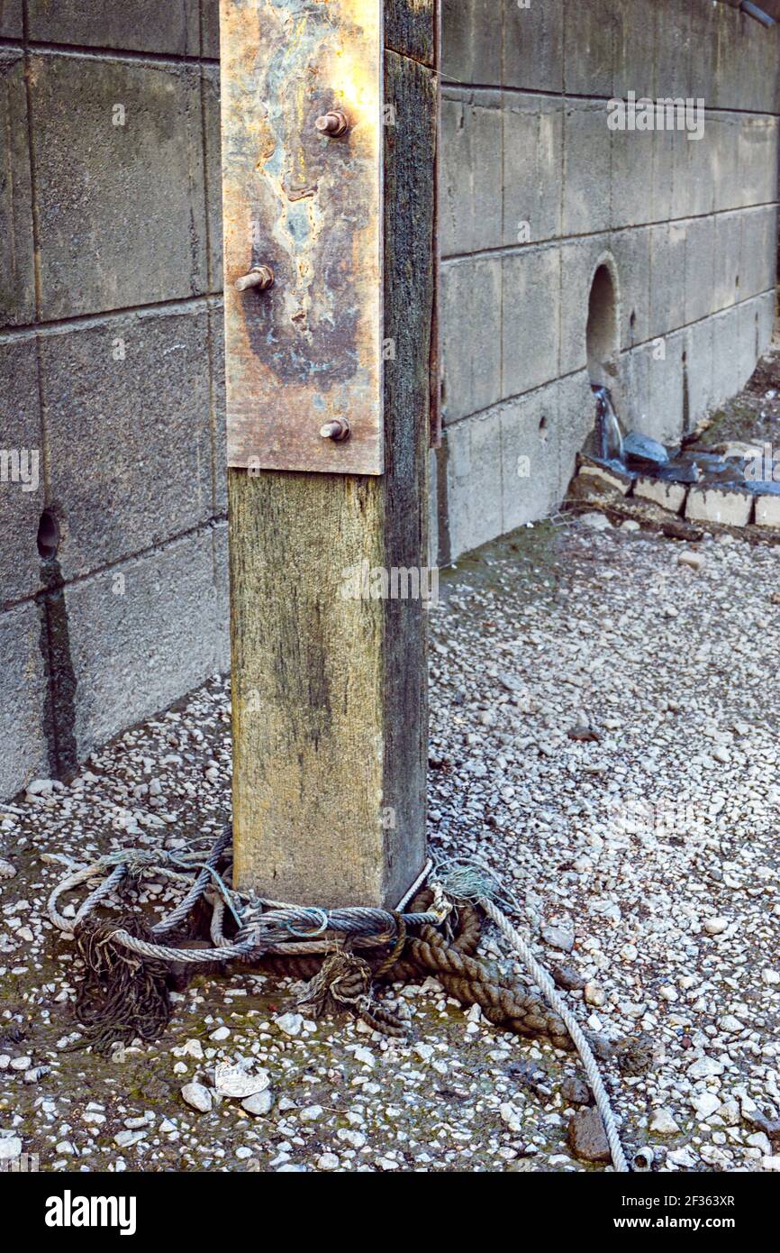 Mooring ropes tied to a wooden post on the bank of the River Thames at