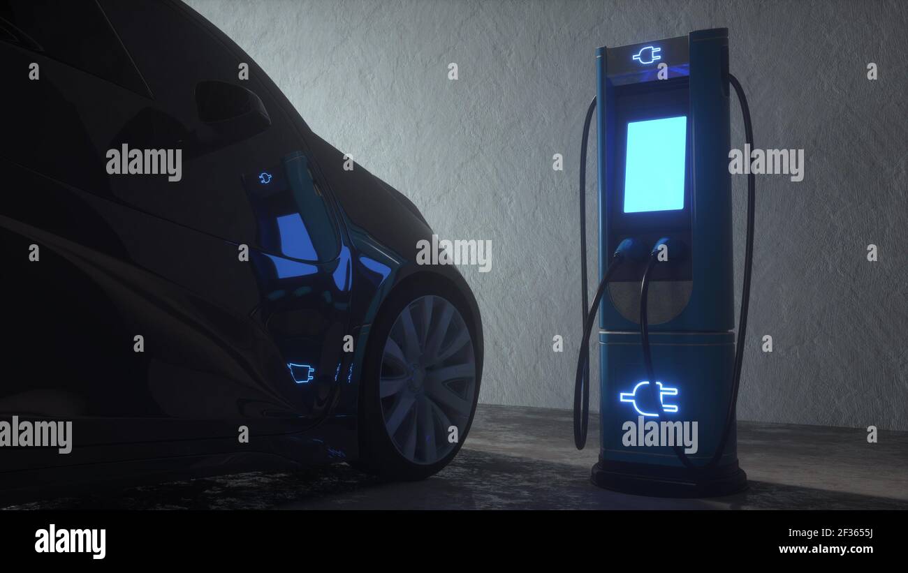 Electric car in garage. Charging station for electric cars. 3d