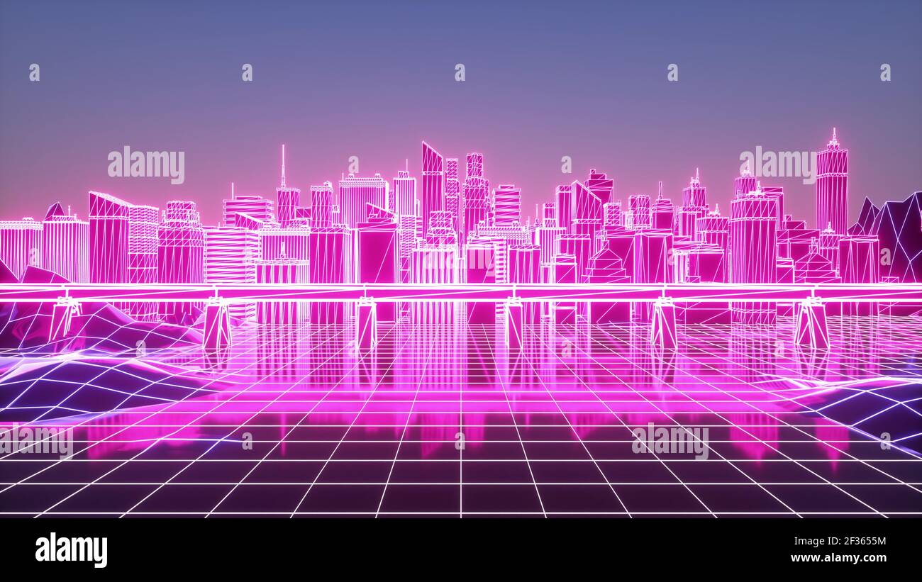 Digital city. Futuristic neon skyscrapers background. 3d rendering Stock Photo