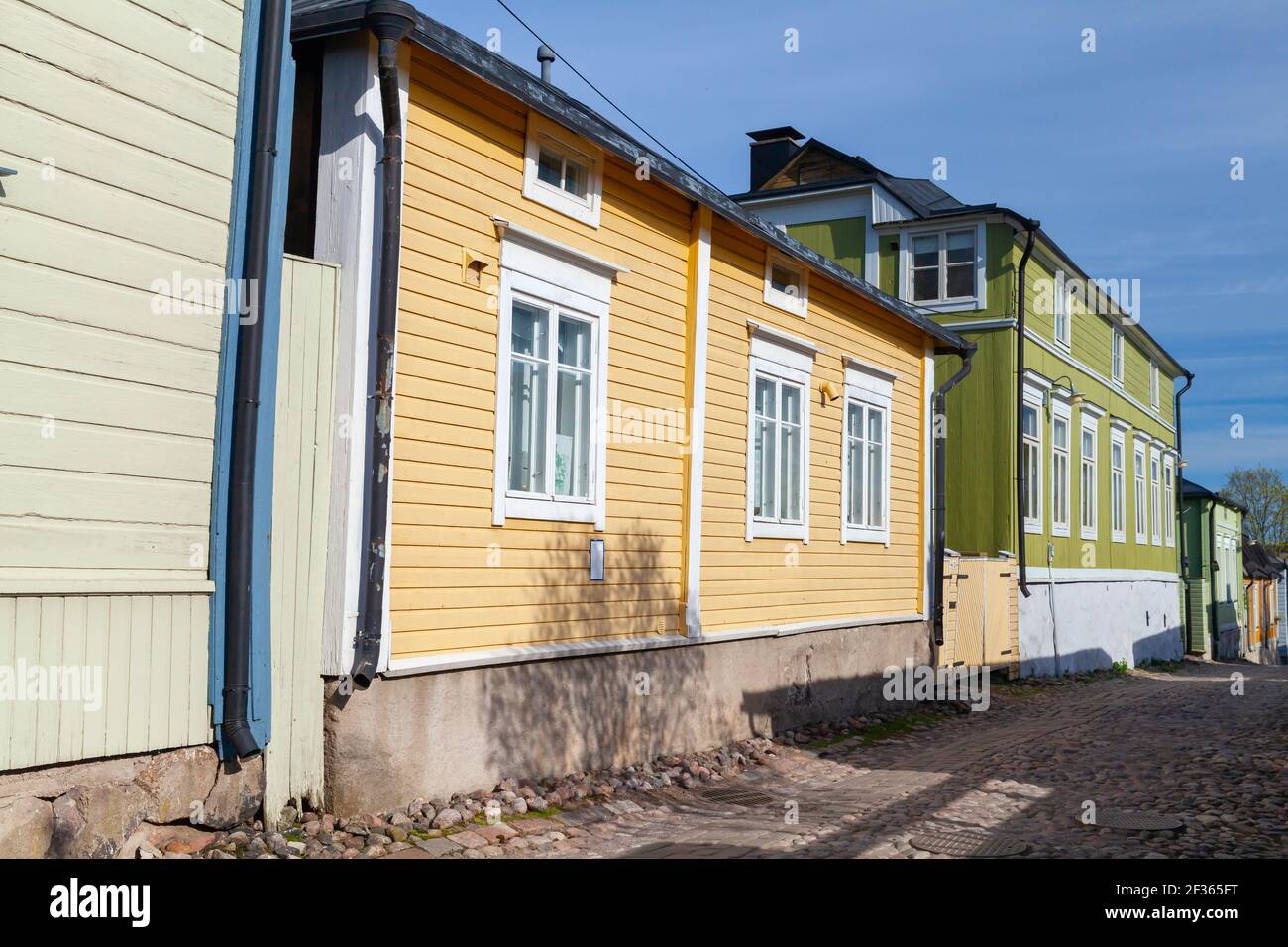 Street view with colorful Finnish wooden houses, old town of Porvoo, Finland Stock Photo