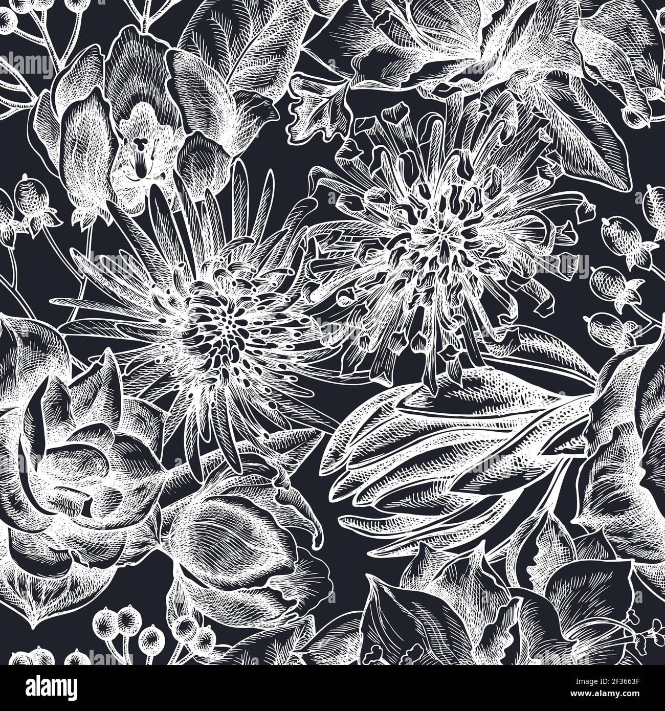 Seamless pattern with hand drawn chalk viburnum, hypericum, tulip ...