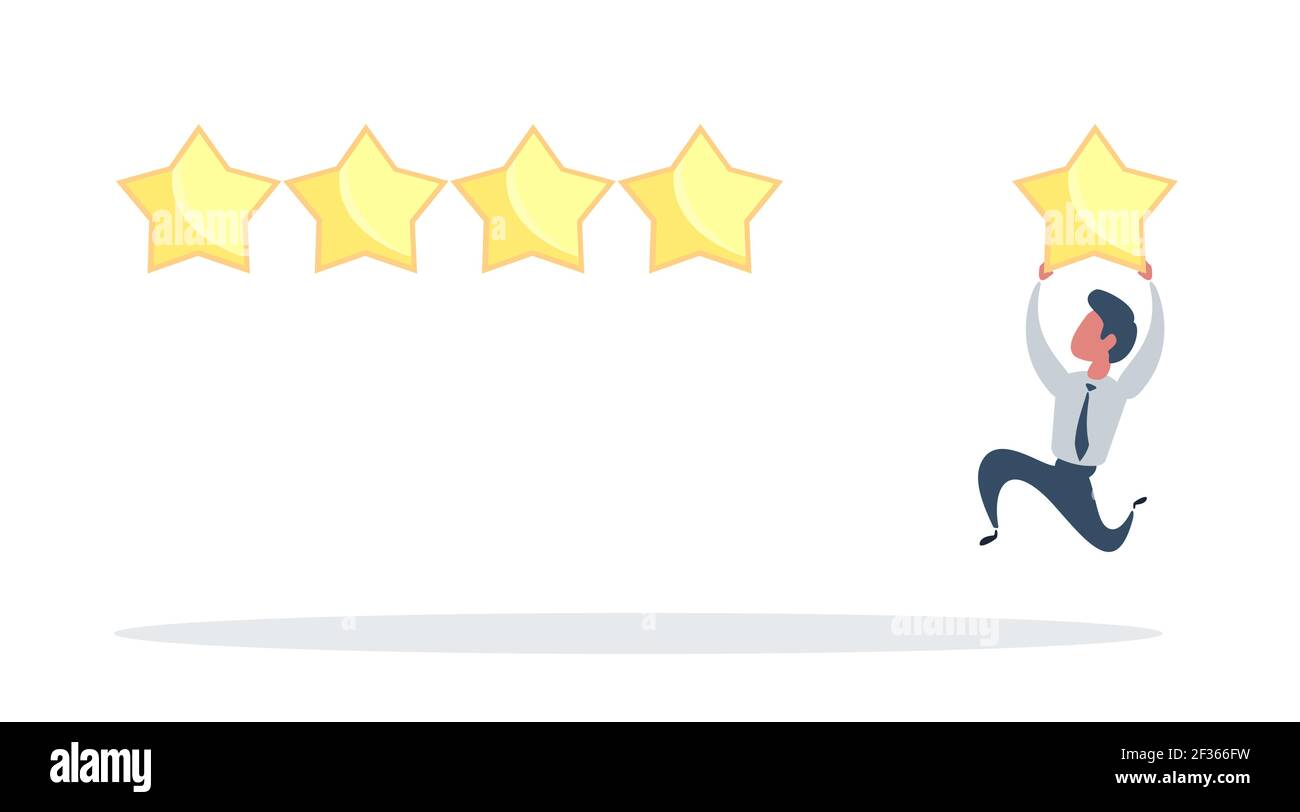 User experience, customer feedback stars rating or business and investment rating concept, businessman holding golden yellow star to added to 5 stars Stock Vector