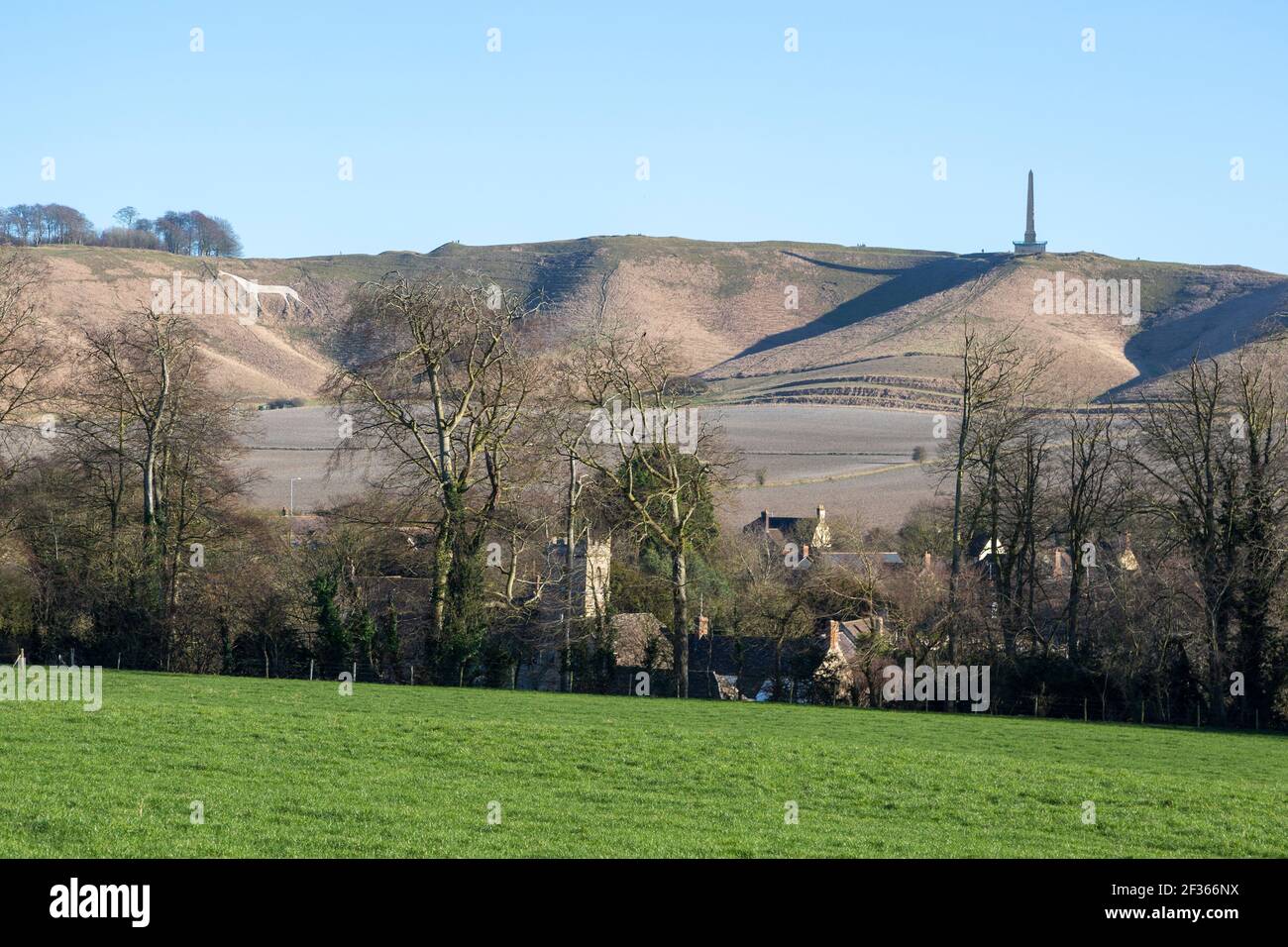 White horse, Lansdowne monument, Oldbury Camp hill fort, chalk scarp