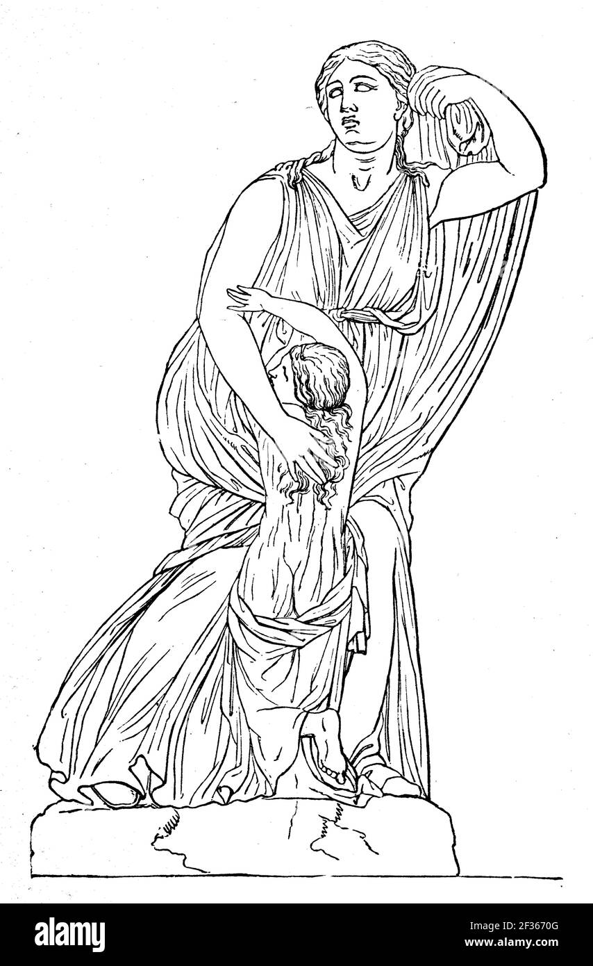 Niobe, in Greek mythology is the daughter of Tantalus and Dione or Euryanassa, after a statue in the Uffizi Gallery of Florence, illustration from 1880  /  Niobe, ist in der griechischen Mythologie die Tochter des Tantalos und der Dione oder der Euryanassa, nach einer Statue in den Uffizien von Florenz, Illustration aus 1880, Historisch, historical, digital improved reproduction of an original from the 19th century / digitale Reproduktion einer Originalvorlage aus dem 19. Jahrhundert, Stock Photo