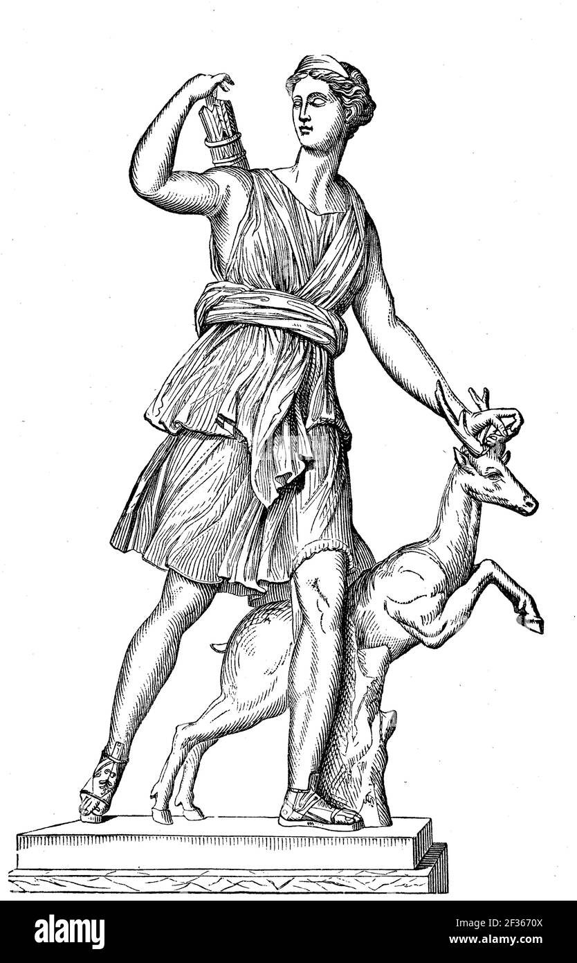 Diana is the goddess of hunting, moon and childbirth in Roman mythology, protector of women and girls, after a statue in Versailles, France, illustration from 1880  /  Diana ist in der römischen Mythologie die Göttin der Jagd, des Mondes und der Geburt, Beschützerin der Frauen und Mädchen, nach einer Statue in Versailles, Frankreich, Illustration aus 1880, Historisch, historical, digital improved reproduction of an original from the 19th century / digitale Reproduktion einer Originalvorlage aus dem 19. Jahrhundert, Stock Photo