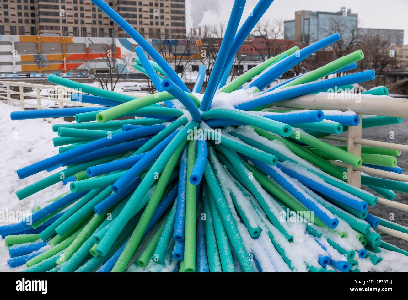 Grand Rapids, Michigan - Art made from pool noodles on the Blue Bridge, a pedestrian bridge over the Grand River. It was part of the World of Winter F Stock Photo
